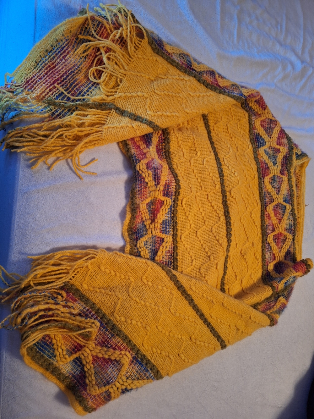 Mustard Yellow Knit Fringe Poncho with Multicolor Pattern